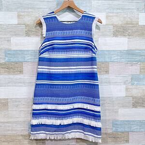 Hutch Design Textured Fringe Striped Sheath Dress Blue White Lined Womens Small
